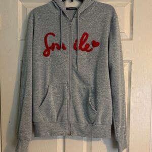Gray Hoodie with Red 'Smile' Design